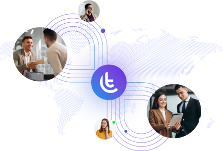 People calling and talking having Tragofone logo in center