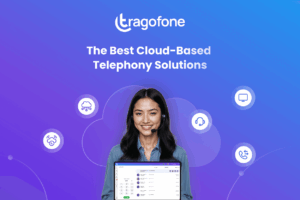 Women wearing headsets and cloud telephony icons around her