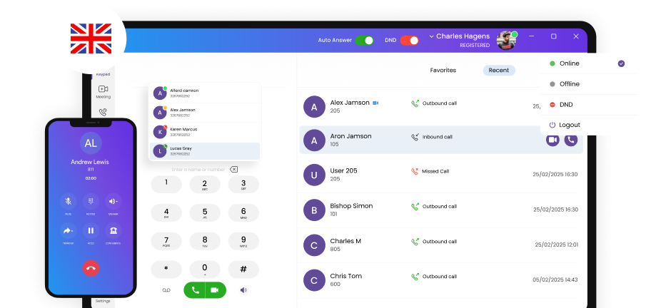 UK flag beside softphone UI